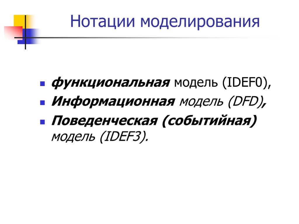 Нотации моделирования функциональная модель (IDEF0), Информационная модель (DFD), Поведенческая (событийная) модель (IDEF3).